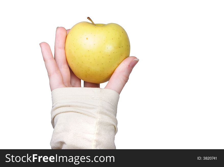 Hand holding an isolated apple on white close up. Hand holding an isolated apple on white close up.