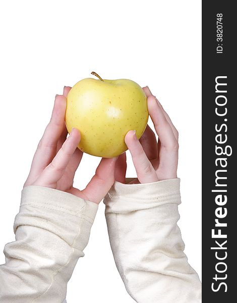 Holding up apple with two hands on isolated background.