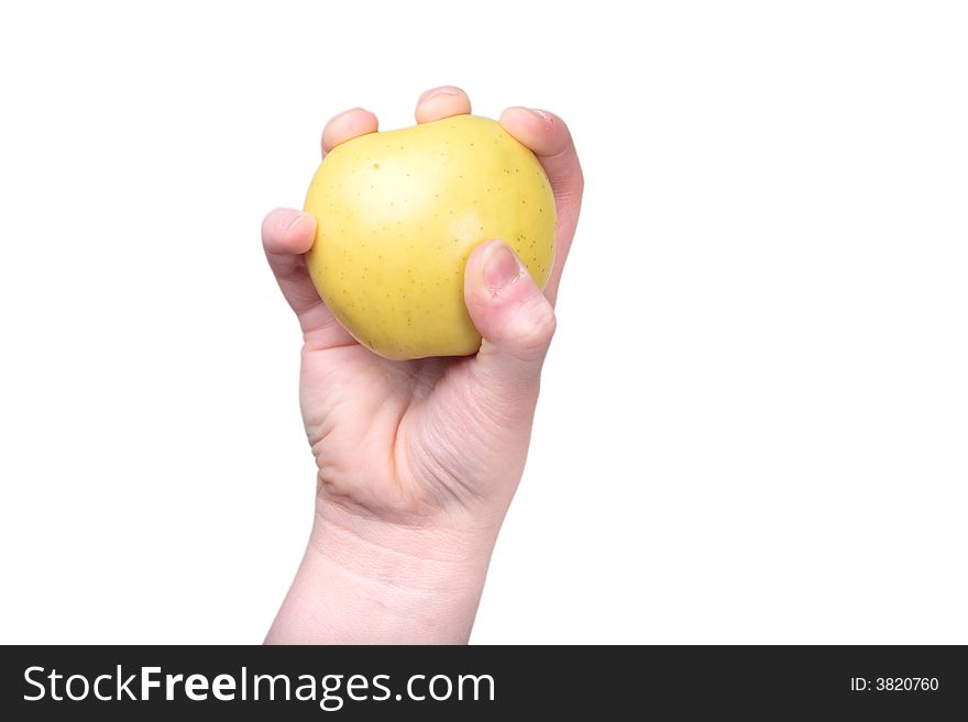Hand clenching an isolated apple on white close up. Hand clenching an isolated apple on white close up.