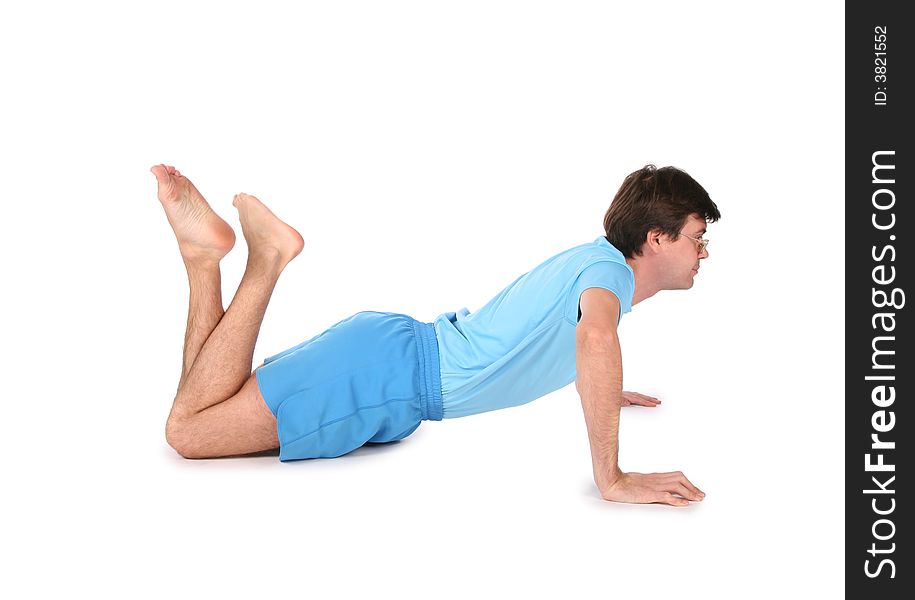 Yoga man on floor on white