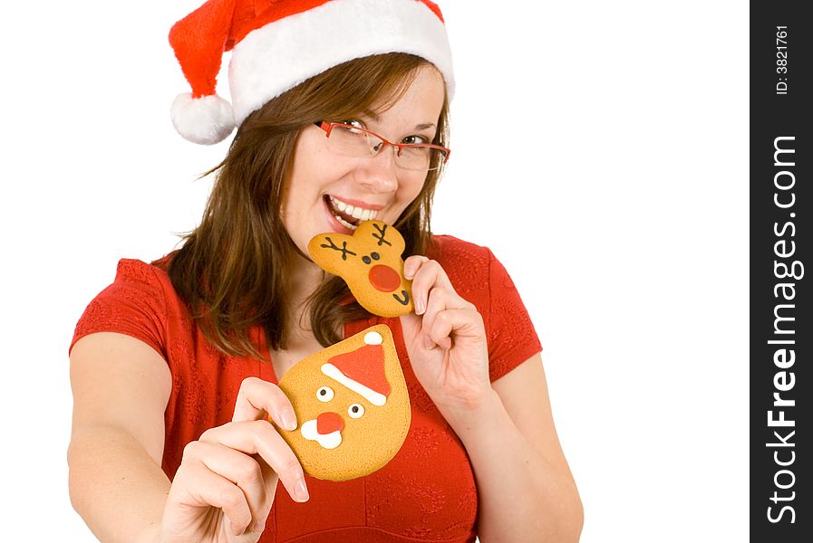 Santa girl with red specs and gingerbread