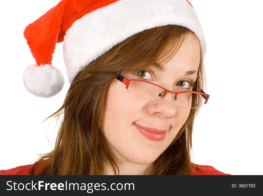 Young cheerful girl with santa hat and red glasses. Young cheerful girl with santa hat and red glasses