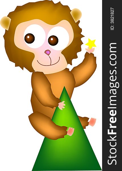 Vector illustration for a giant monkey climb on top of hill and pick a star from sky