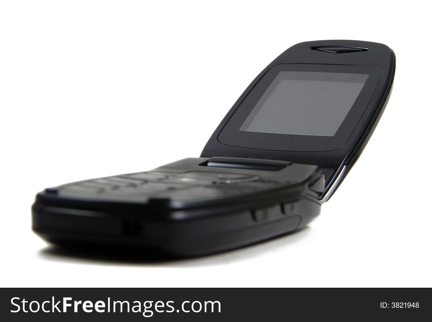 Black shell mobile, open, isolated against white. Black shell mobile, open, isolated against white