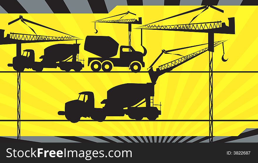 Illustration of  earth movers using in construction site in radiant beam yellow light