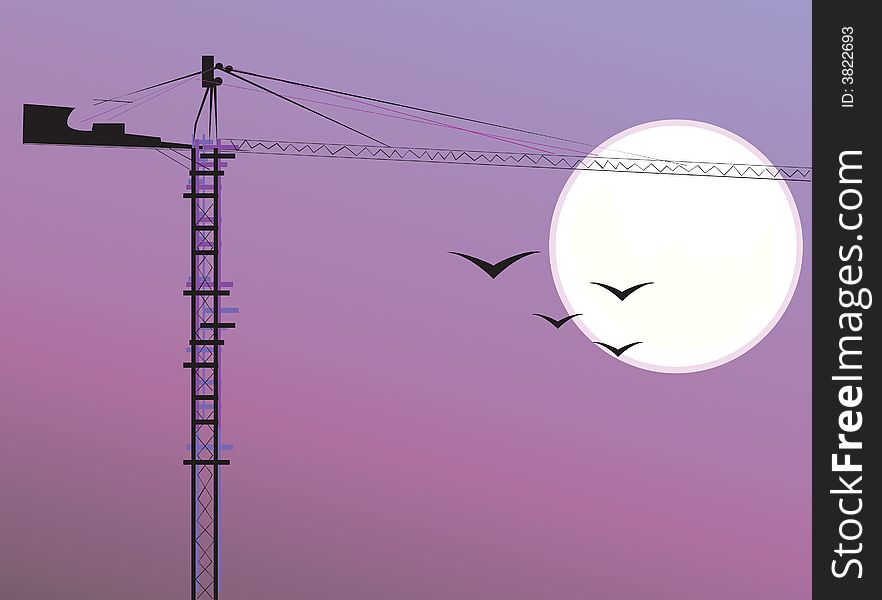 Illustration of a construction crane under moonlight