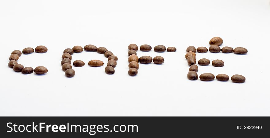 Text cafe spelled with coffee beans. Text cafe spelled with coffee beans
