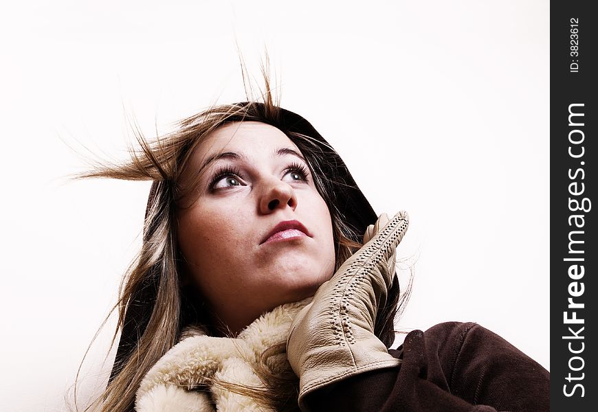 Closeup of young beautiful woman with wind. Closeup of young beautiful woman with wind