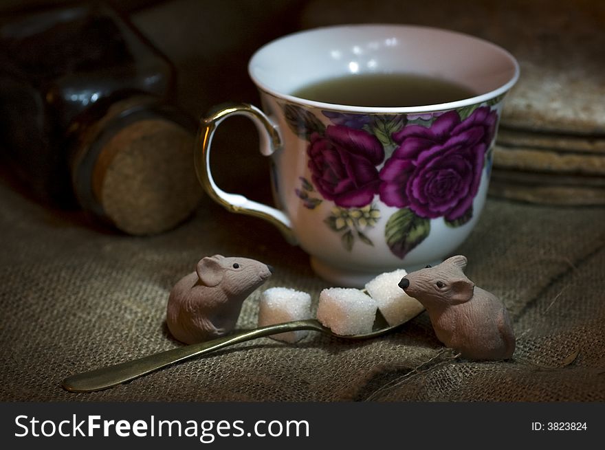 Still life: cup of tea and chocolate mouse