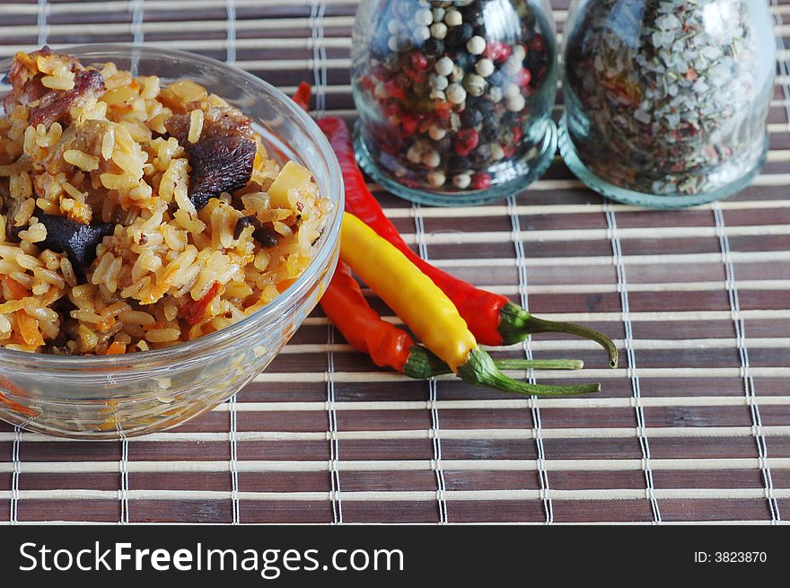 Still life: pilau and can of spicery