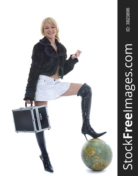 Beautiful blonde with valise and globe on isolated background