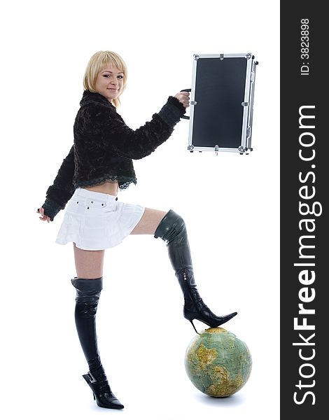 Beautiful blonde with valise and globe on isolated background