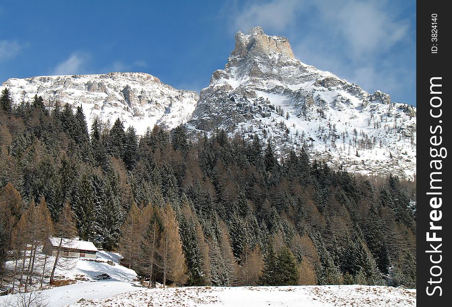 Winter landscape with snowy windy rocks and green firs in val d'Ossola, Italy. Winter landscape with snowy windy rocks and green firs in val d'Ossola, Italy