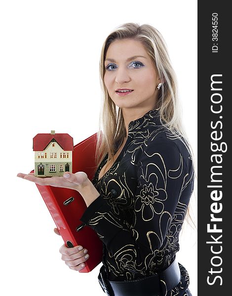 Business woman advertises real estate on isolated background