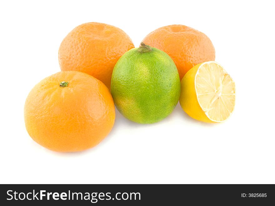 Fresh citrus fruit, oranges, lime and lemon, isolated on white. Fresh citrus fruit, oranges, lime and lemon, isolated on white