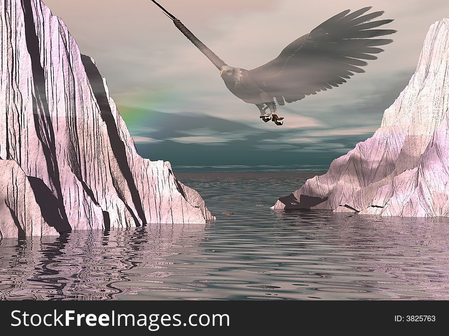 Eagle flying through dangerous cliffs in the pale light of dawn. Eagle flying through dangerous cliffs in the pale light of dawn