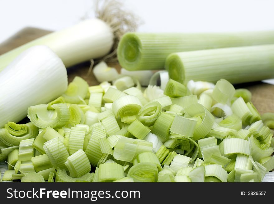 Sliced leeks isolated on white