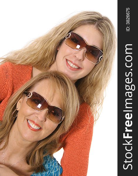 Mother daughter stacked angle isolated on a white background