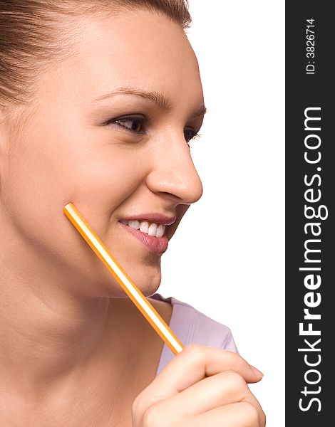 Female student holding a pencil to her face isolated on white background