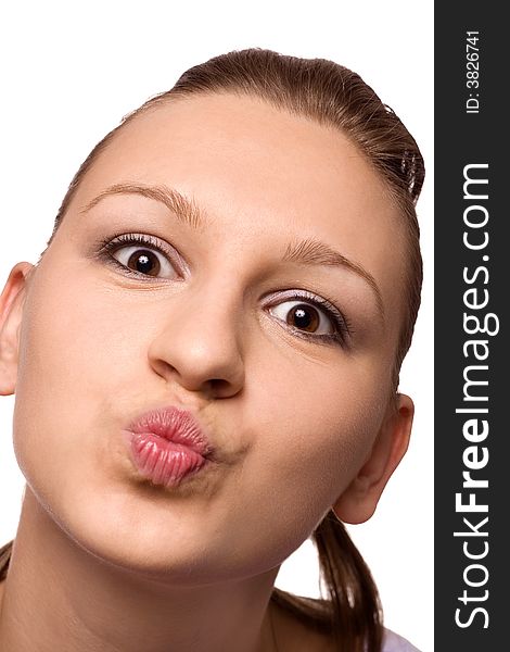 Woman giving a kiss isolated on white background