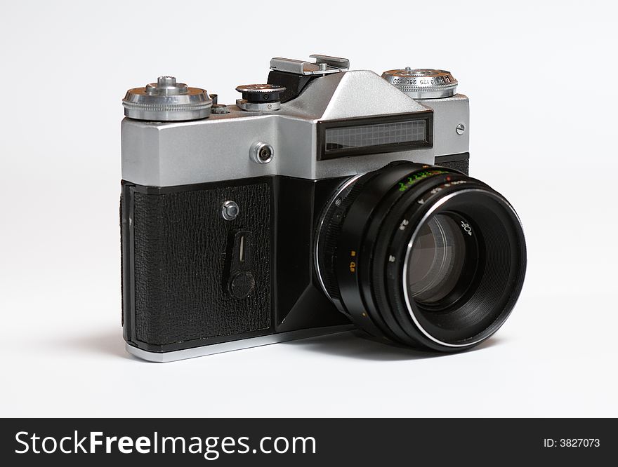 Old soviet 35 mm film camera isolated on white. Old soviet 35 mm film camera isolated on white