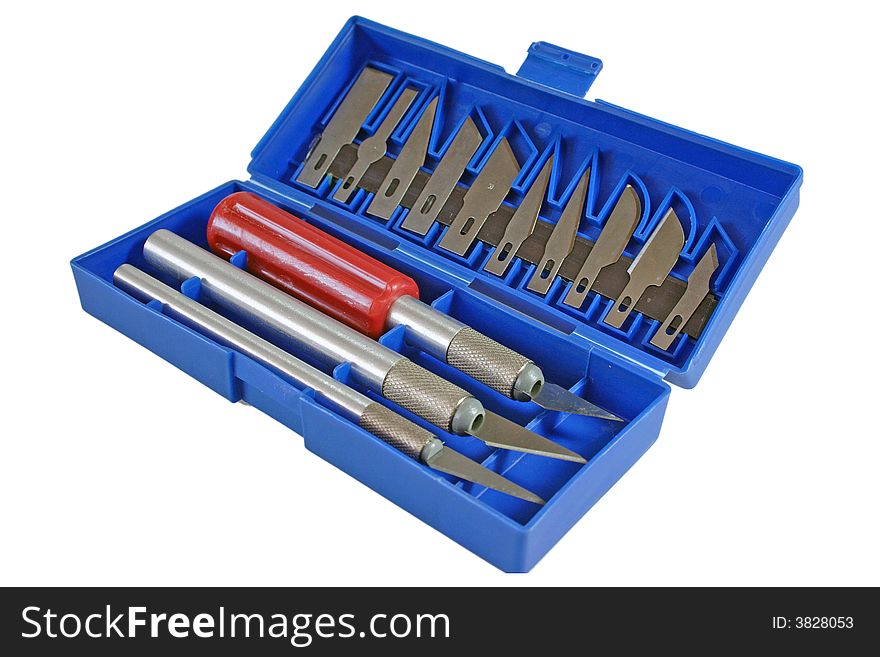 Blue box with cutters on white background. Blue box with cutters on white background