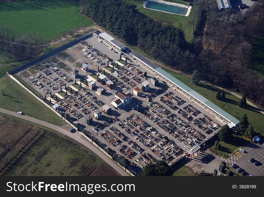 Aerial view of the cemetery in the town of Rovello Porro. Aerial view of the cemetery in the town of Rovello Porro