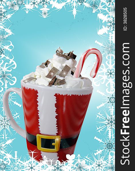 Mug of whipped cream topping a warm drink on a snowflake background. Mug of whipped cream topping a warm drink on a snowflake background.