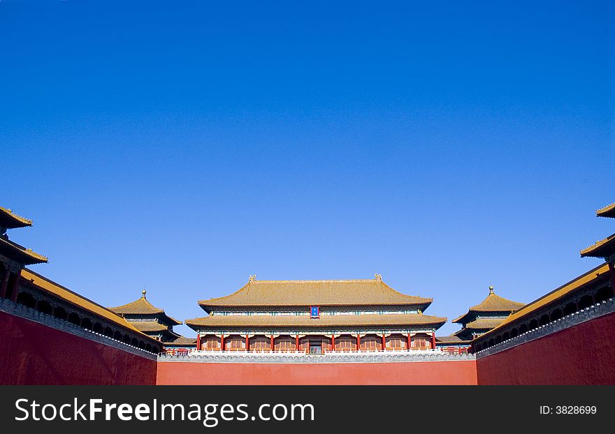 The middle Gate of Purple Forbidden City in the blue sky. The middle Gate of Purple Forbidden City in the blue sky.