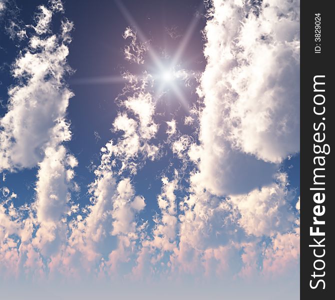 A puffy feathered High Cumulus Clouds with Sun and light decay. A puffy feathered High Cumulus Clouds with Sun and light decay