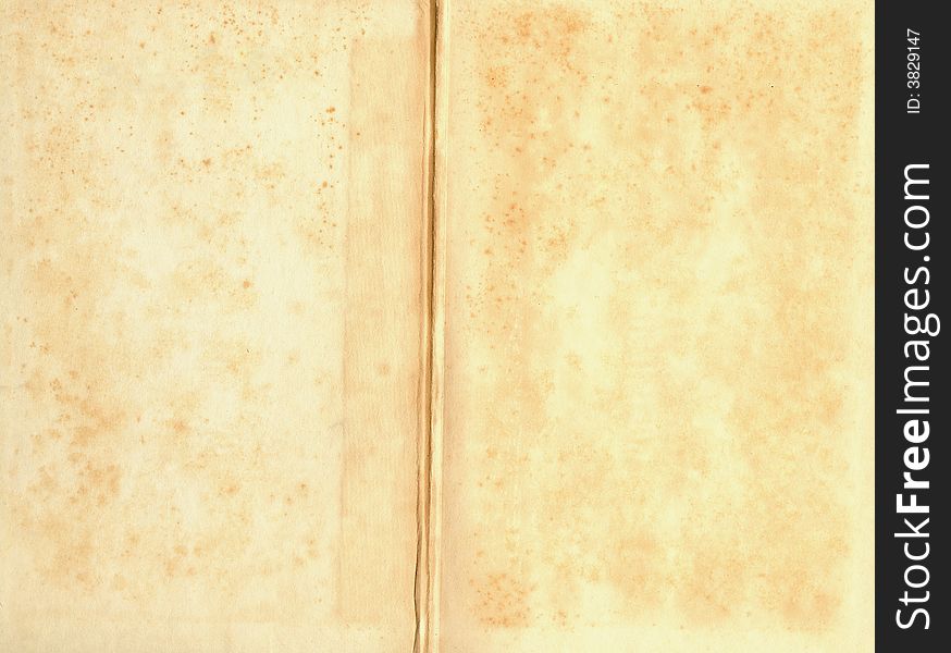 Vintage book open to two stained blank pages. Vintage book open to two stained blank pages.