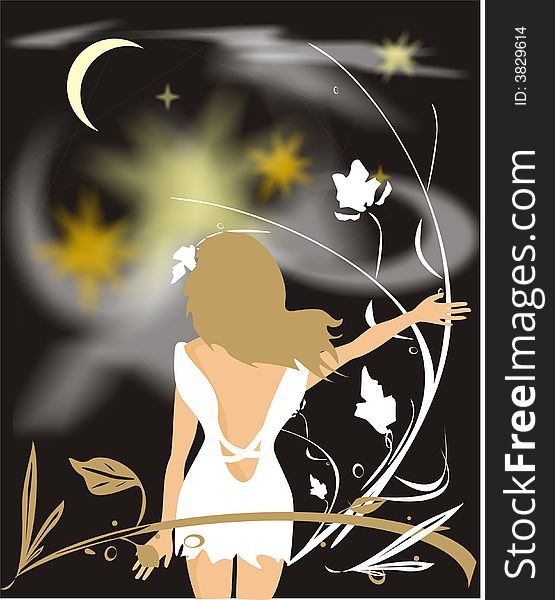 The blondy in a garden. Night (vector)