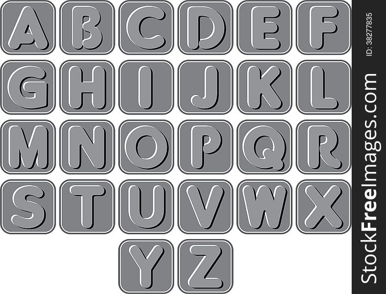 Complete gray set of English alphabets, rounded square shape