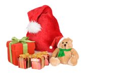 Red Gift Box, Santa Teddy And Hat Stock Photo Red Gift Box, Santa Teddy And Hat Stock Photo