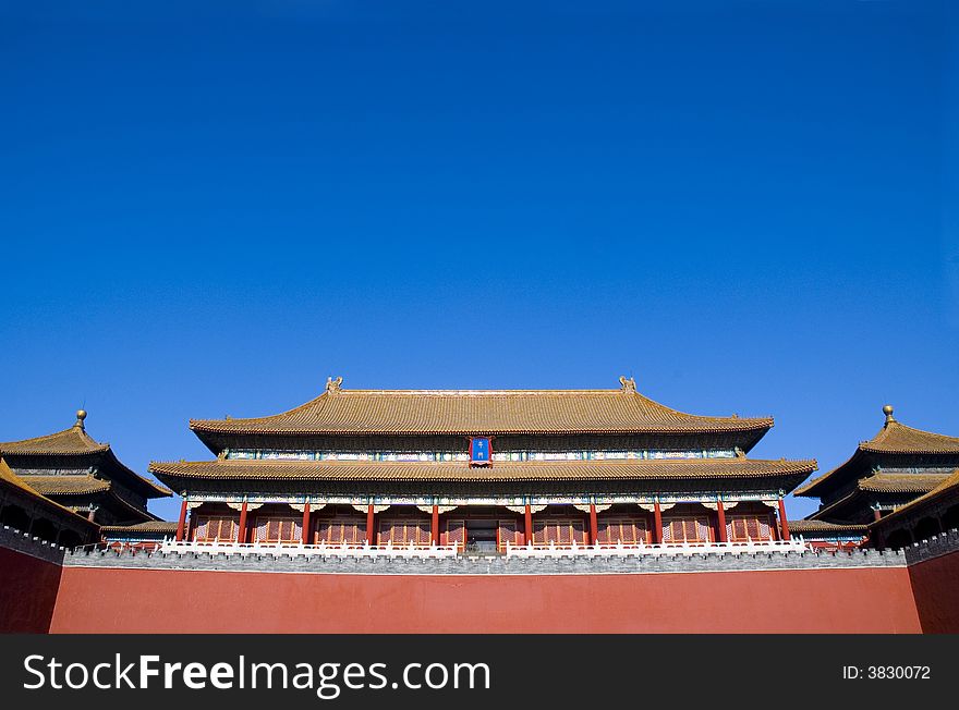 The middle Gate of Purple Forbidden City in the blue sky. The middle Gate of Purple Forbidden City in the blue sky.