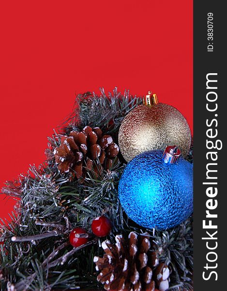 Christmas tree with White and blue  balls decoration 
Red background. Christmas tree with White and blue  balls decoration 
Red background