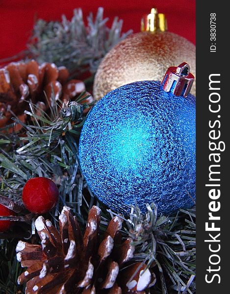 Christmas tree with White and blue  balls decoration 
Red background. Christmas tree with White and blue  balls decoration 
Red background