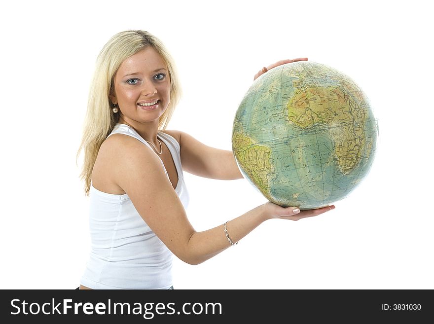 Beautiful blonde with  globe on isolated background