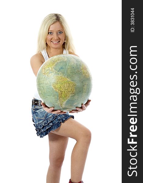 Beautiful blonde with  globe on isolated background