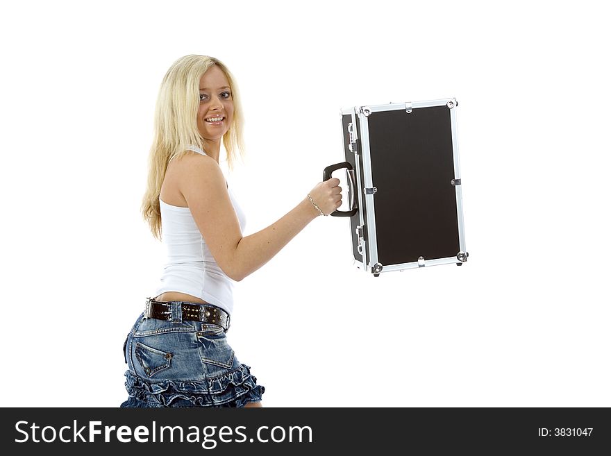 Beautiful blonde with valise on isolated background