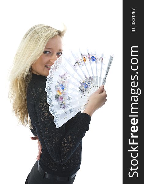 Beautiful girl with fan on isolated background