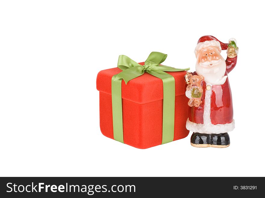 Red gift box and Santa - isolated over a white background