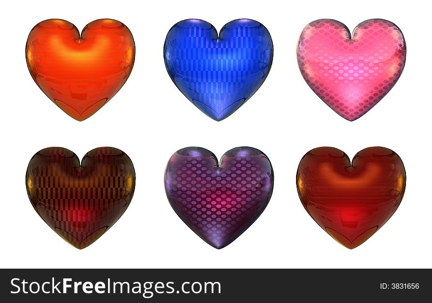 Six beautifully textured hearts - 3D render. Six beautifully textured hearts - 3D render.