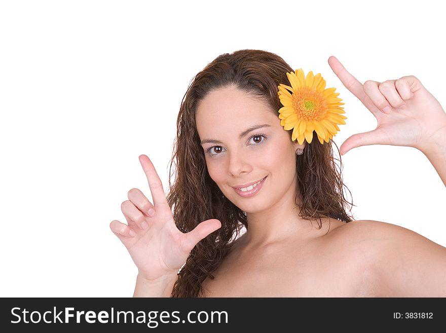 Beautiful girl with a flower in her head - Beauty and Spa - over a white background