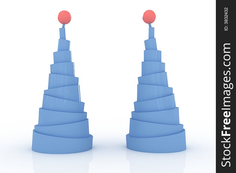 Two pyramids with red spheres on top