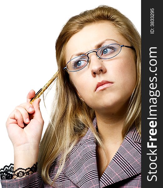 Blonde girl with pen in hand