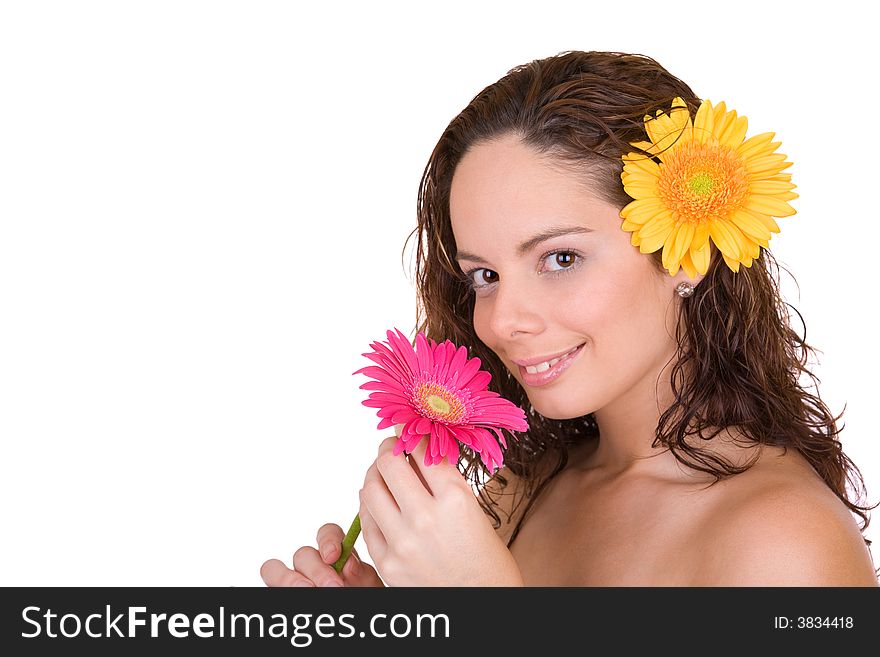 Beautiful girl with a flower in her head - Beauty and Spa - over a white background