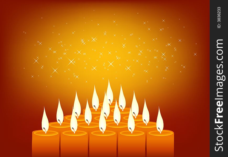 Illustration of burning candles in shiny background.