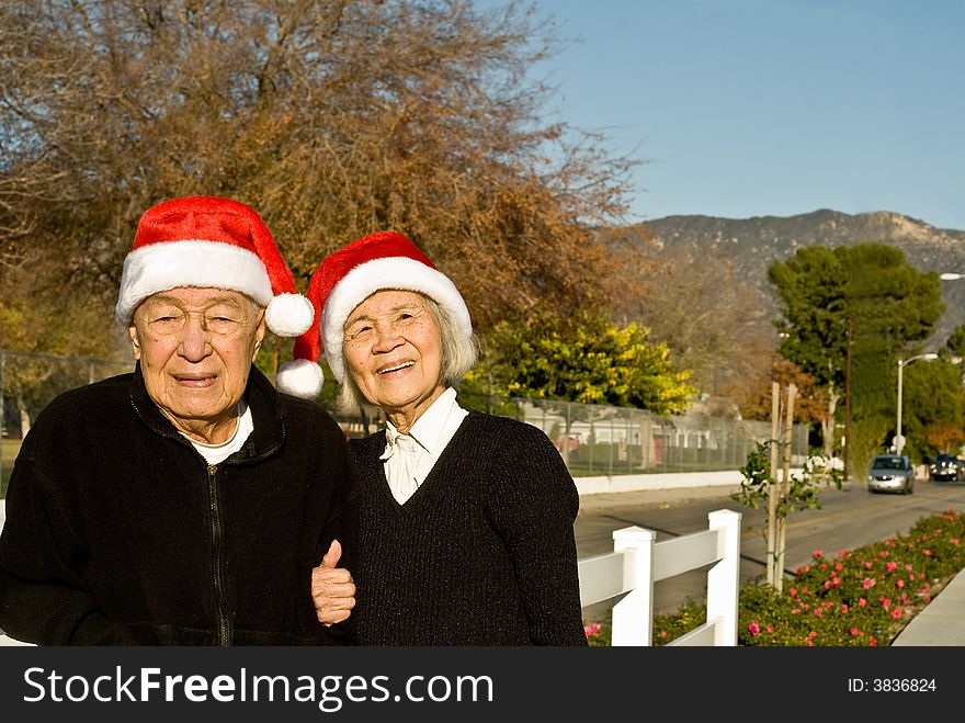 Grandma and Grandpa smiling at the camera and they are wearing Santa Clause hats. A white fence behind them along with the street. Grandma and Grandpa smiling at the camera and they are wearing Santa Clause hats. A white fence behind them along with the street