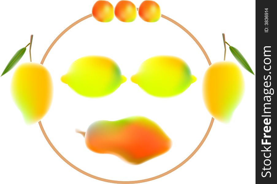Illustration, vector for a variety of fruits to made a face expression, mango, lemon, papaya, orange. Illustration, vector for a variety of fruits to made a face expression, mango, lemon, papaya, orange